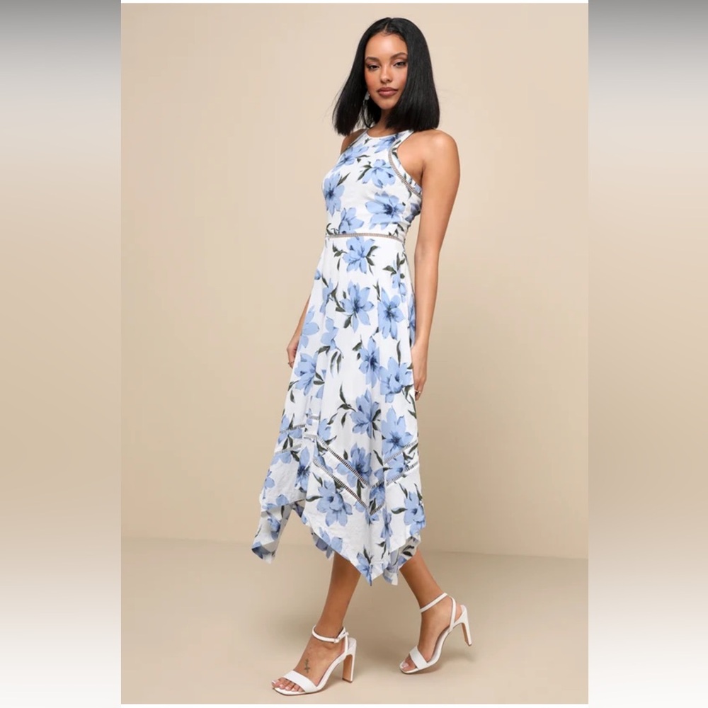 EUC lulu’s blue floral cotton midi dress